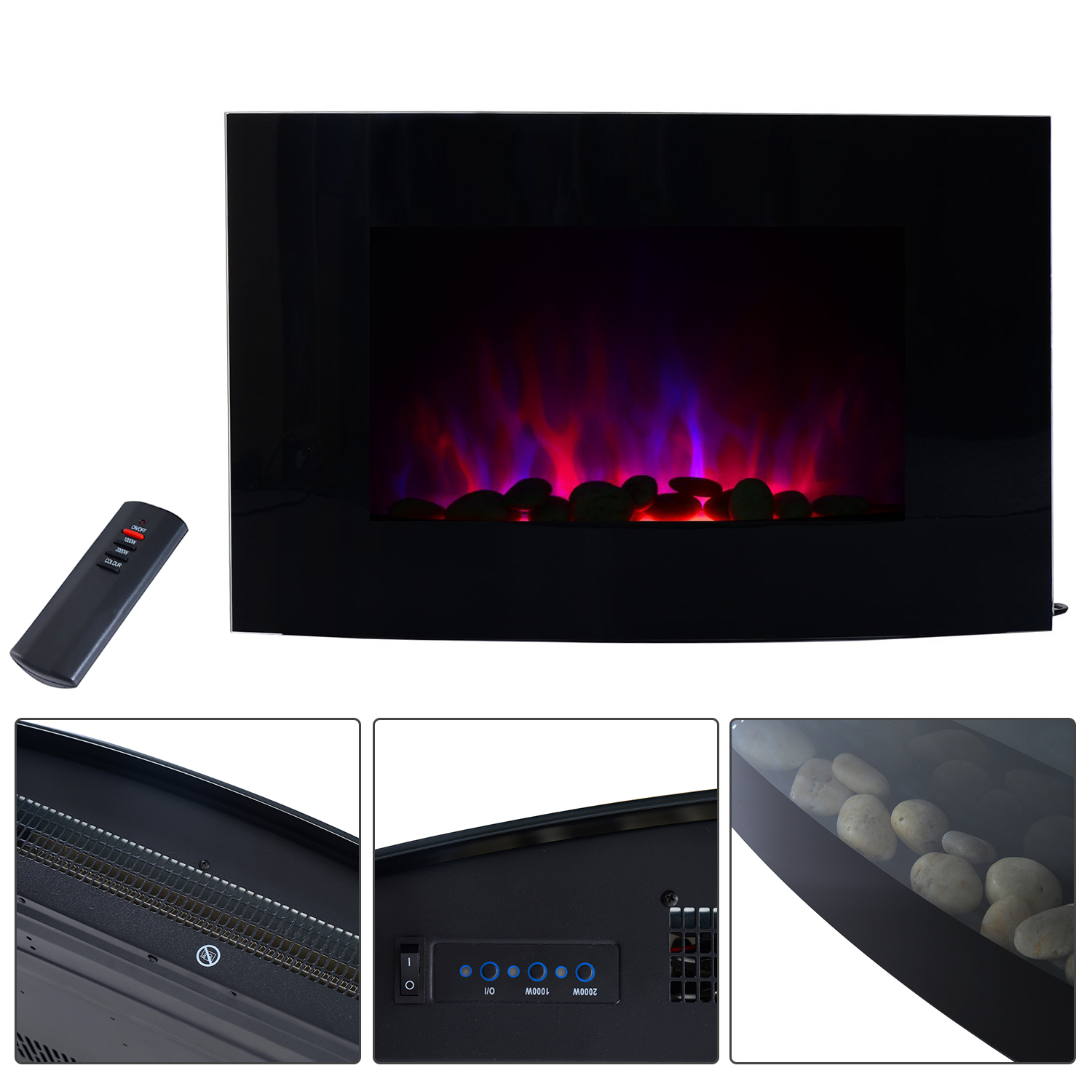 Elektrokamin Elektrisch Wandkamin Kaminofen LED Kies Edelstahl 1800W